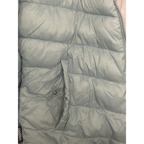 Steve 
Madden Women’s Puffer Jacket Sage Green Knit Gray Hood Pockets Large - Picture 7 of 12